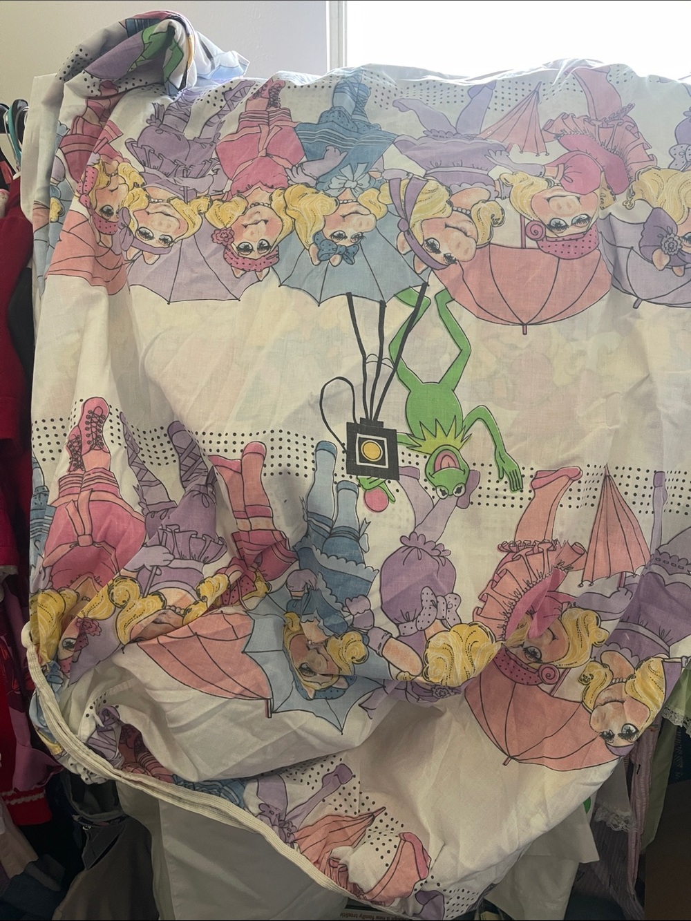 Vintage Lady Pepperell Miss Piggy Kermit Queen Flat & Fitted Sheet Fabric DIY - Picture 8 of 9